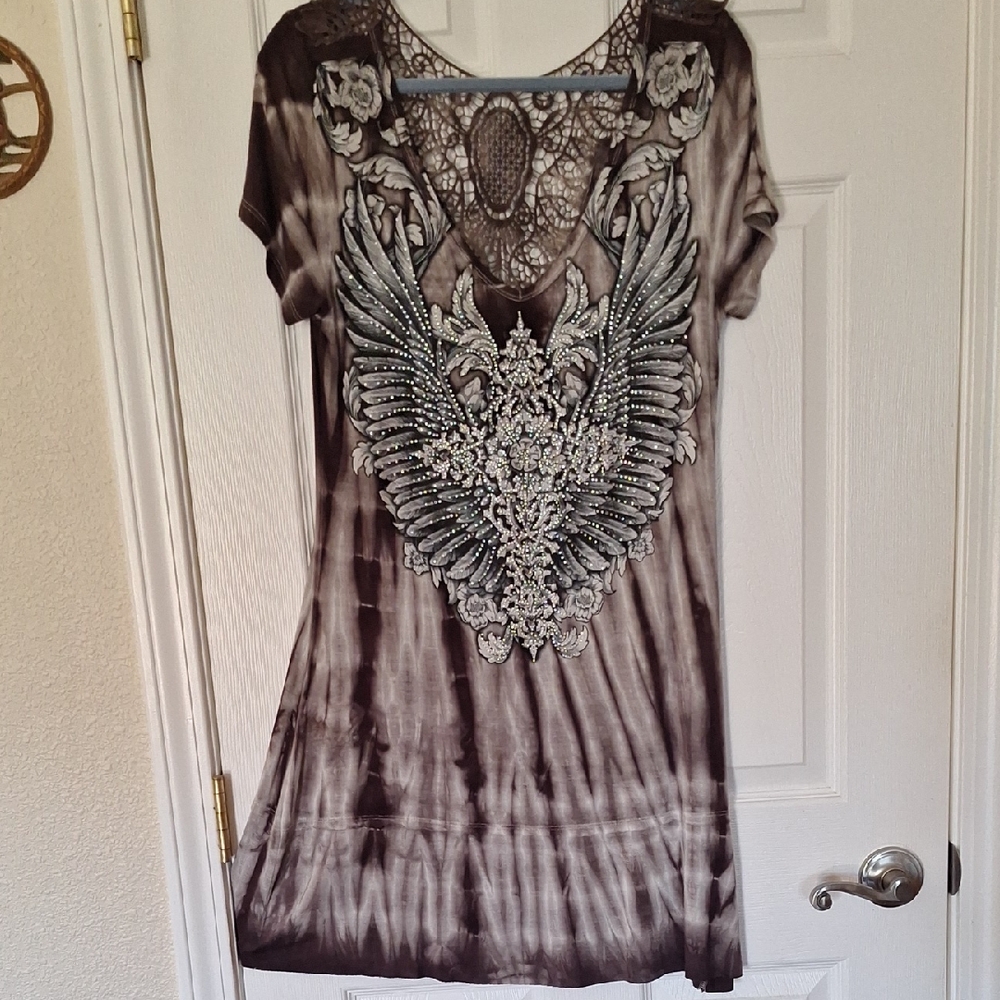 Vocal Taupe Tie-Dye Short Sleeve Tunic Dress with Silver Embellished Wing Motif
